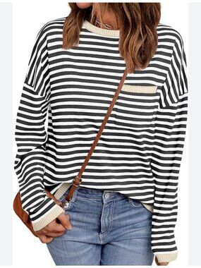 Womens Striped Soft Knit Sweater Loose Fit Shirts with Chest Pocket Sz XL NWT